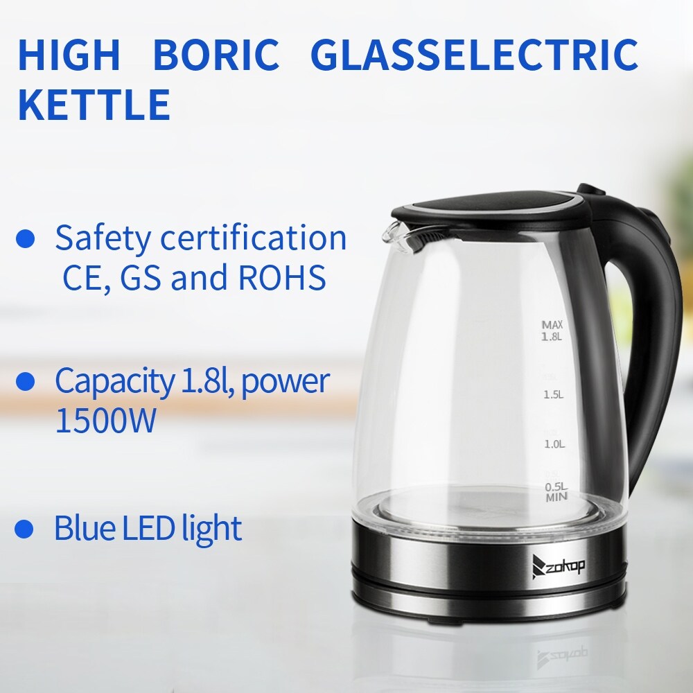 1500W 1.8L Electric Glass Tea Kettle Hot Water Kettle with Auto Shutoff Protection， Stainless Steel Lid and Bottom