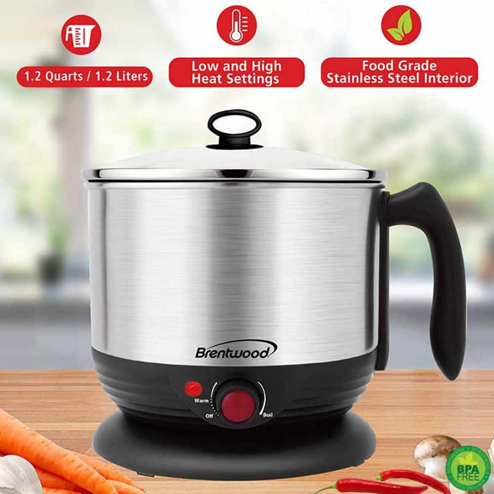 Brentwood Stainless Steel 1.3 qt. Cordless Electric Hot Pot Slow Cooker and Food Steamer in Black 985117917M