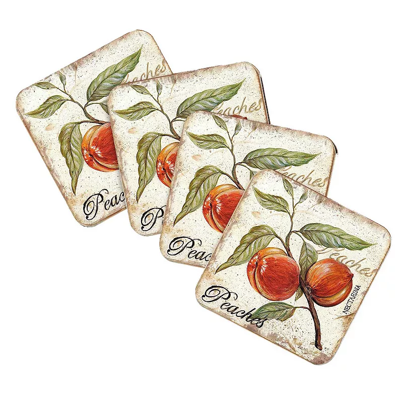 Peaches Wooden Cork Coasters Gift Set of 4 by Nature Wonders