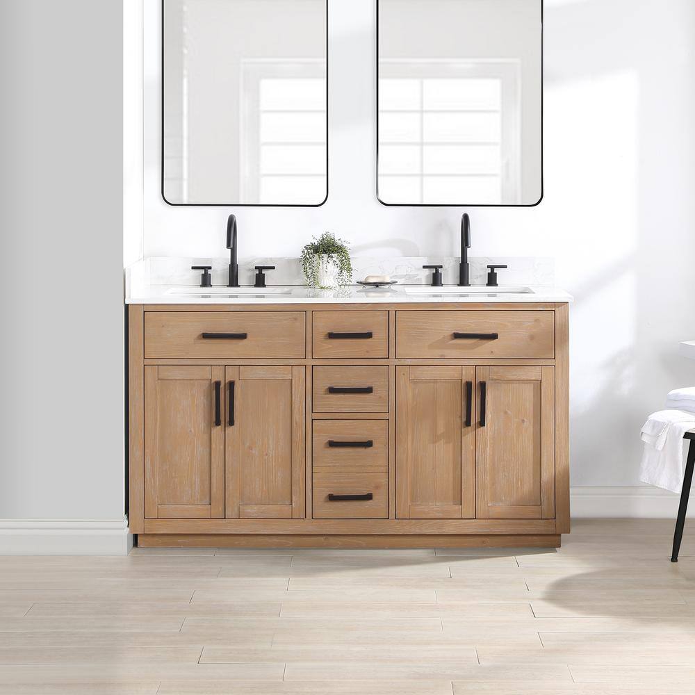 Altair Gavino 60 in. W x 22 in. D x 34 in. H Bath Vanity in Light Brown with Grain White Composite Stone Top 557060-LB-GW-NM