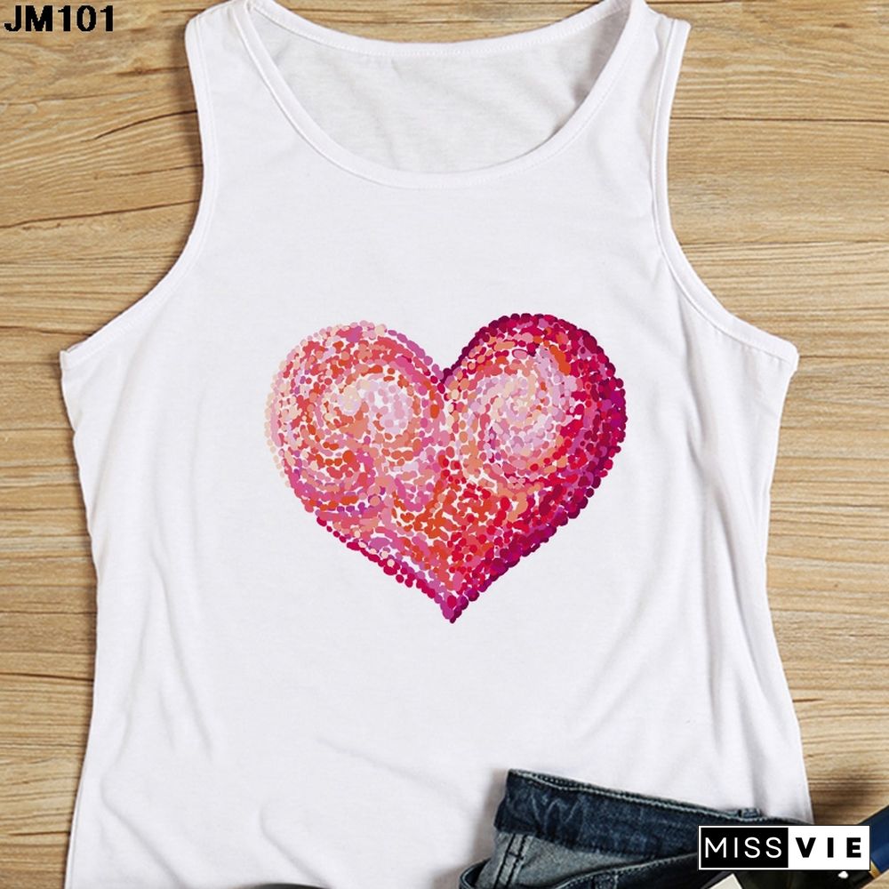 Heart Flower Printed Ladies Camisole Harajuku Casual White Vest Summer Womens Love Graphic Tank Tops Fashion Sleeveless T Shirt