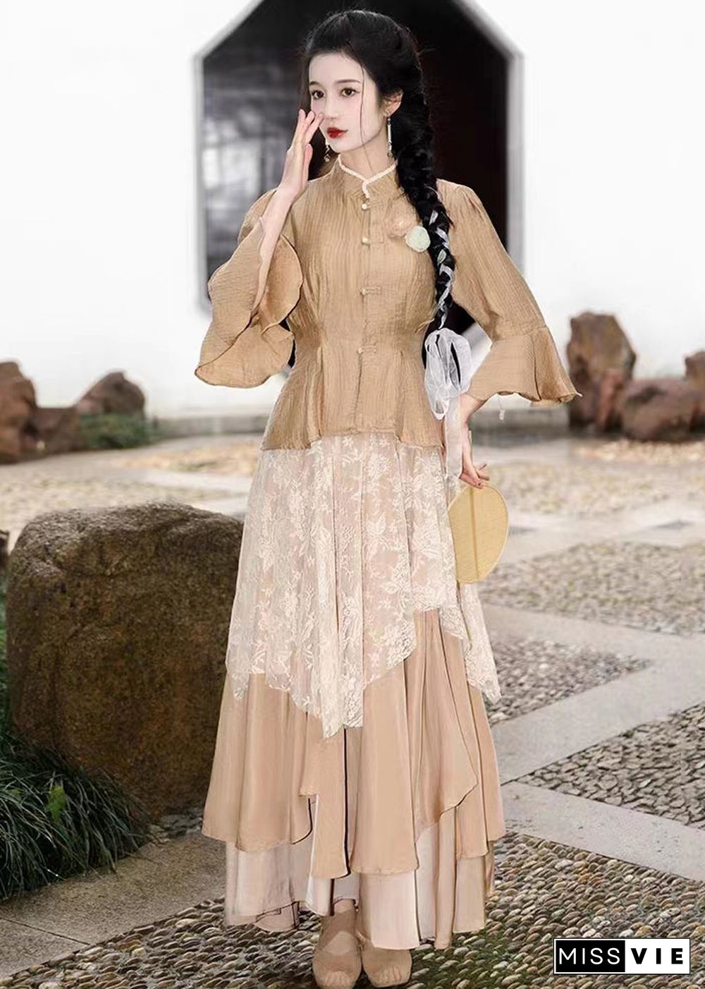 Bohemian Khaki Ruffled Lace Patchwork Tops And Skirts Chiffon Two Pieces Set Summer