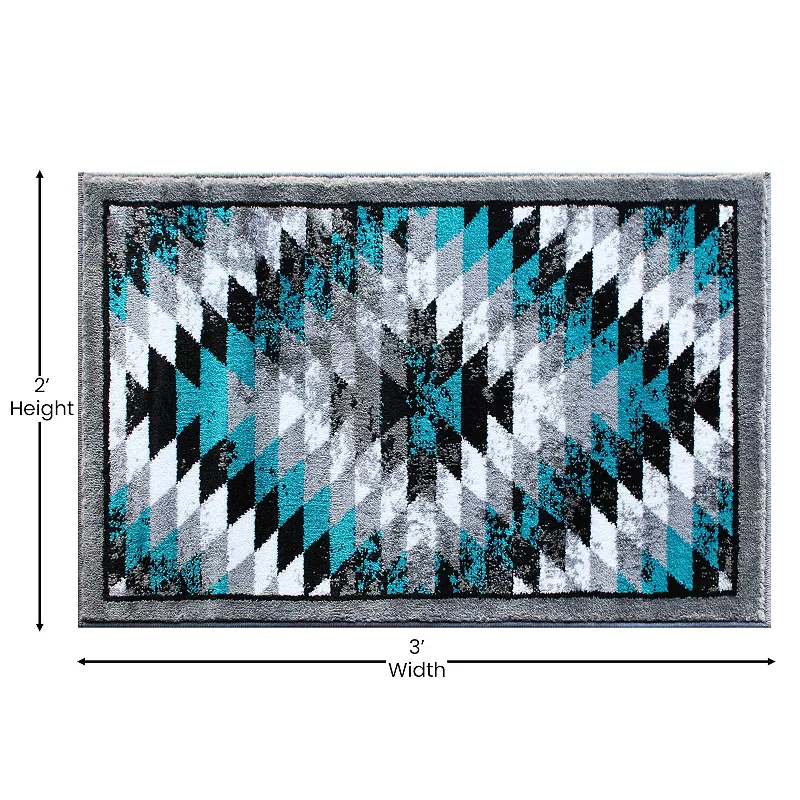 Masada Rugs Masada Rugs Stephanie Collection 2'x3' Area Rug Mat with Distressed Southwest Native American Design 1106 in Turquoise， Gray， Black and White