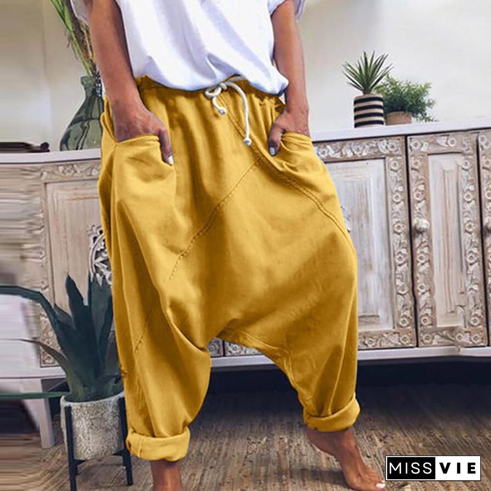 Women Casual Drawstring Pockets Drop Crotch Baggy Long Trousers Harem Pants P16400