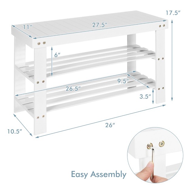 Costway Bamboo Shoe Rack Bench 3 tier Storage Shelf Holder Home Entryway Hallway White