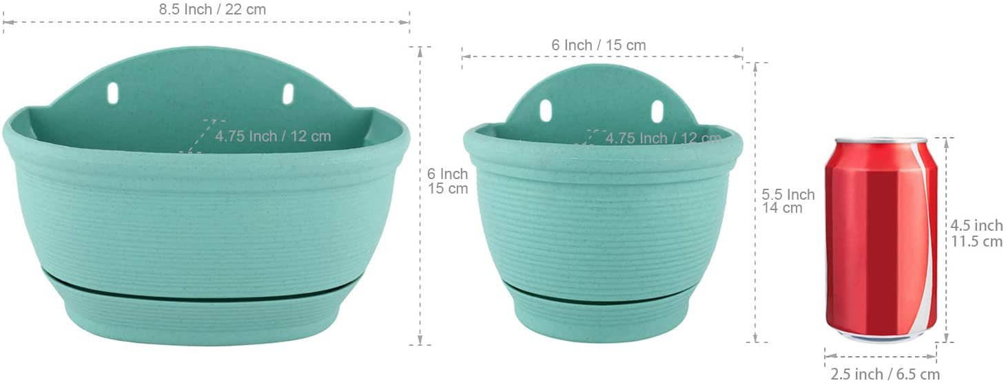 T4U Wall Planter Pots Outdoor Use Plastic, Self Watering Wall Hanging Baskets Flower Pot Hangers for Fence, 8.5 inch, Green Set of 2