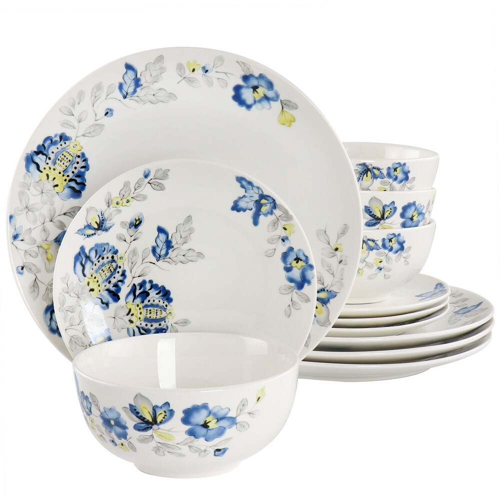 Gibson Home Uppingham Fine Ceramic 12Pc Dinnerware Set in Blue Floral