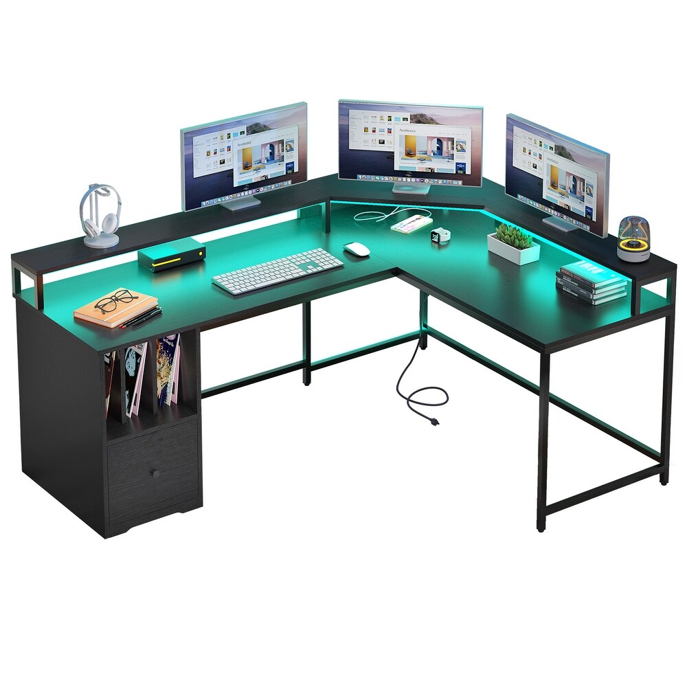 66 inch L Shaped Desk with Shelves and Monitor Stand Home Office Desk