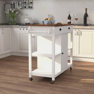 FUNKOL 5-Tier White Wood Top 39.57 in. W Freestanding Kitchen Island Trolley Cart With Adjustable Shelf W282dx42474