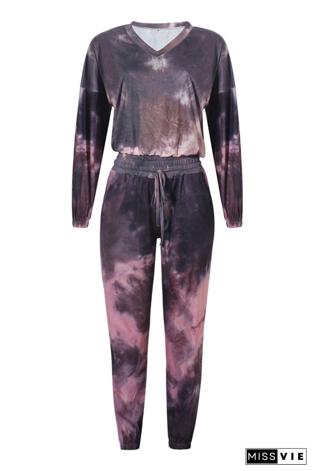 Fashion Purple Tie Dye Drawstring Long Sleeves Tops & Pants Sports Set Wholesale