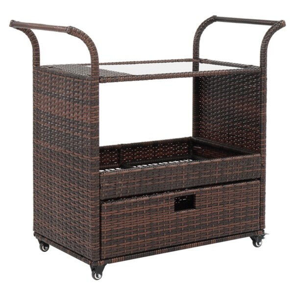 Outdoor Patio Wicker Rattan Serving Bar Cart Sideboard On Wheels Brown Gradient