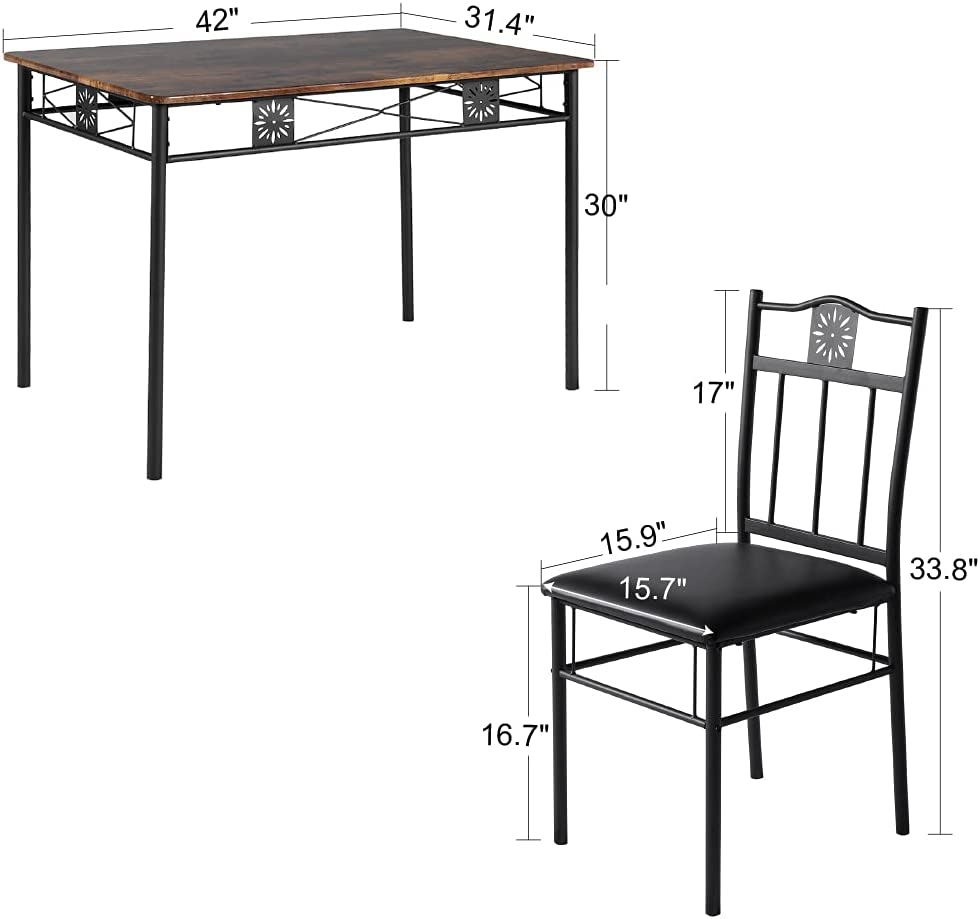 VECELO Kitchen Dining Room Table Sets for 4， 5 Piece Metal and Wood Rectangular Breakfast Nook， Dinette with Chairs， Retro-Brown