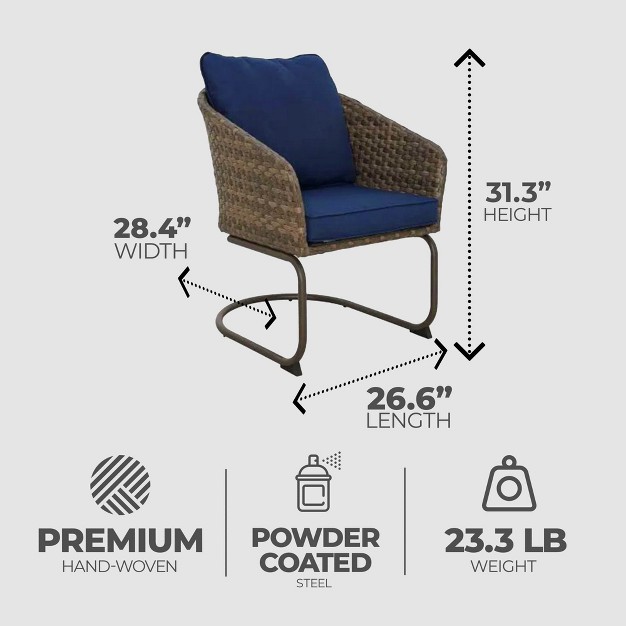 Four Seasons Courtyard Rockland Alloy Steel Frame Spring Recliner Motion Dining Chair Furniture Set With Navy Blue Olefin Cushions Brown Set Of 2