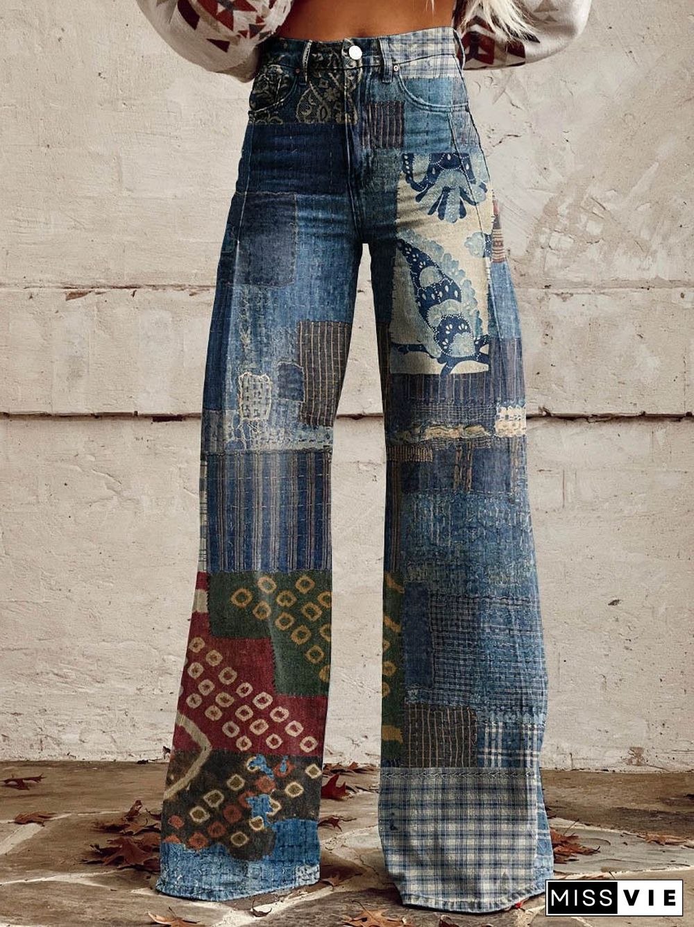 Women's Blue Patchwork Pattern Print Casual Wide Leg Pants