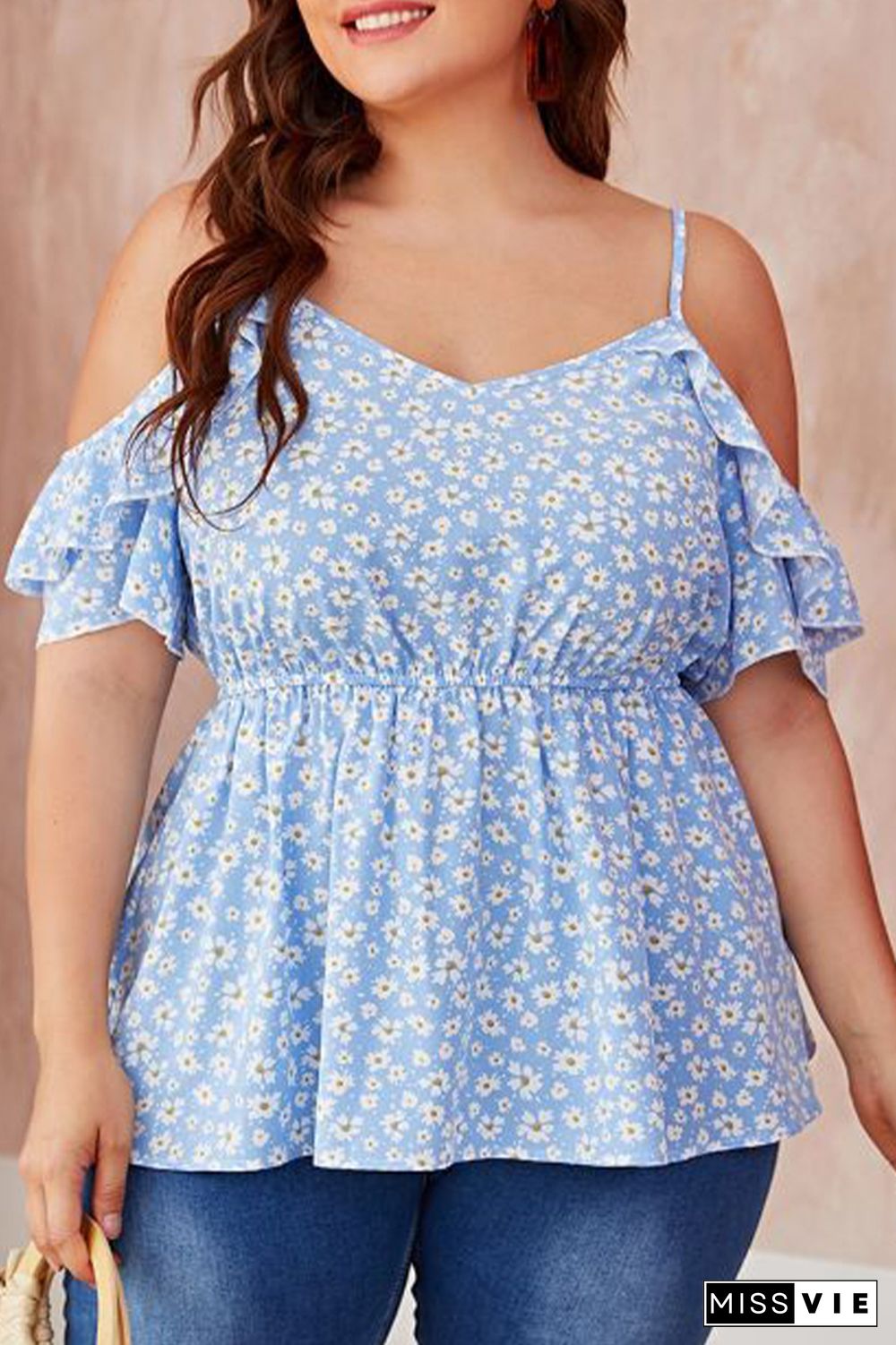 Light Blue Floral Print Hater Plus Size Blouse