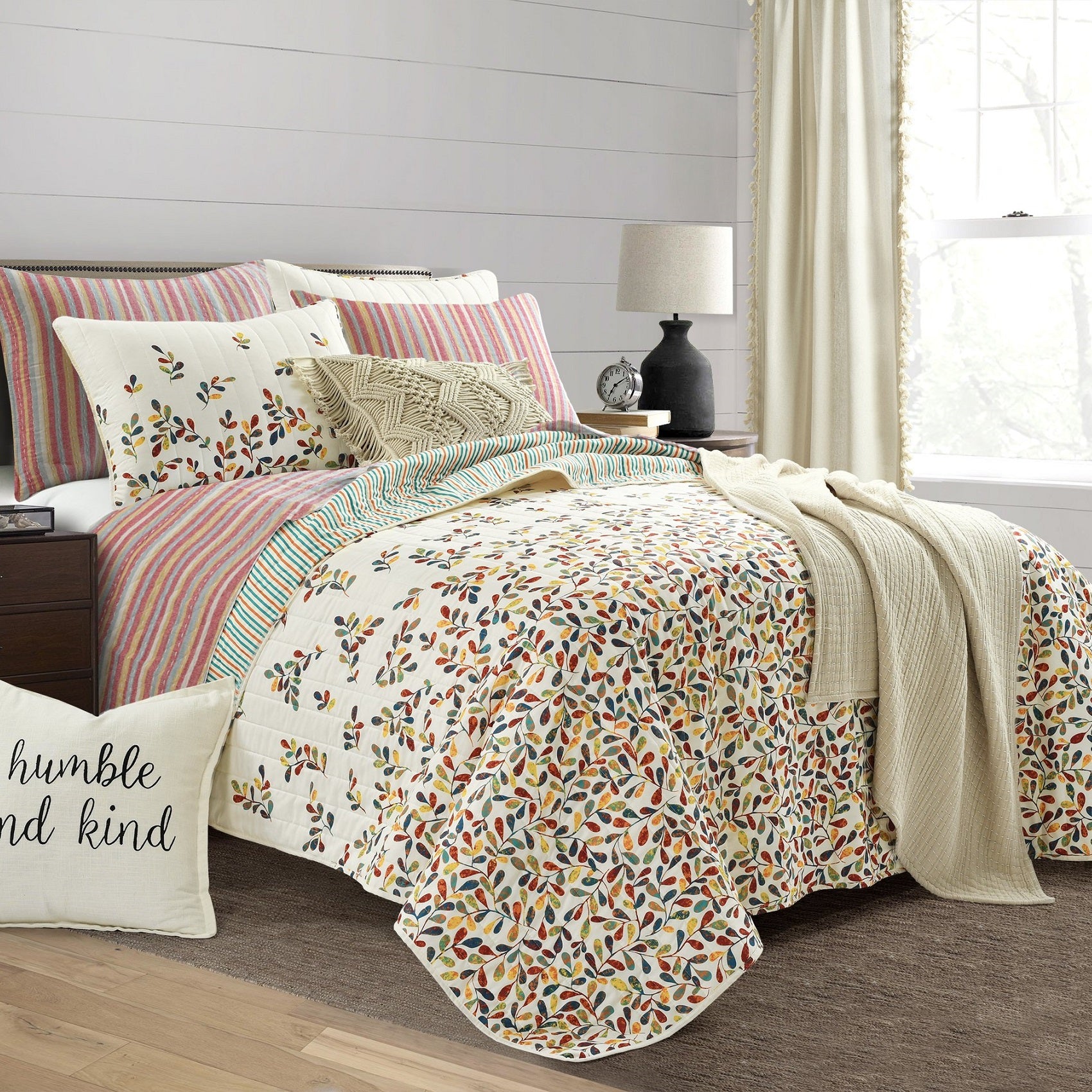 Bedding Bundle: Boho Botanical Leaf Quilt Set + Tracy Stripe Quilt/Coverlet Set