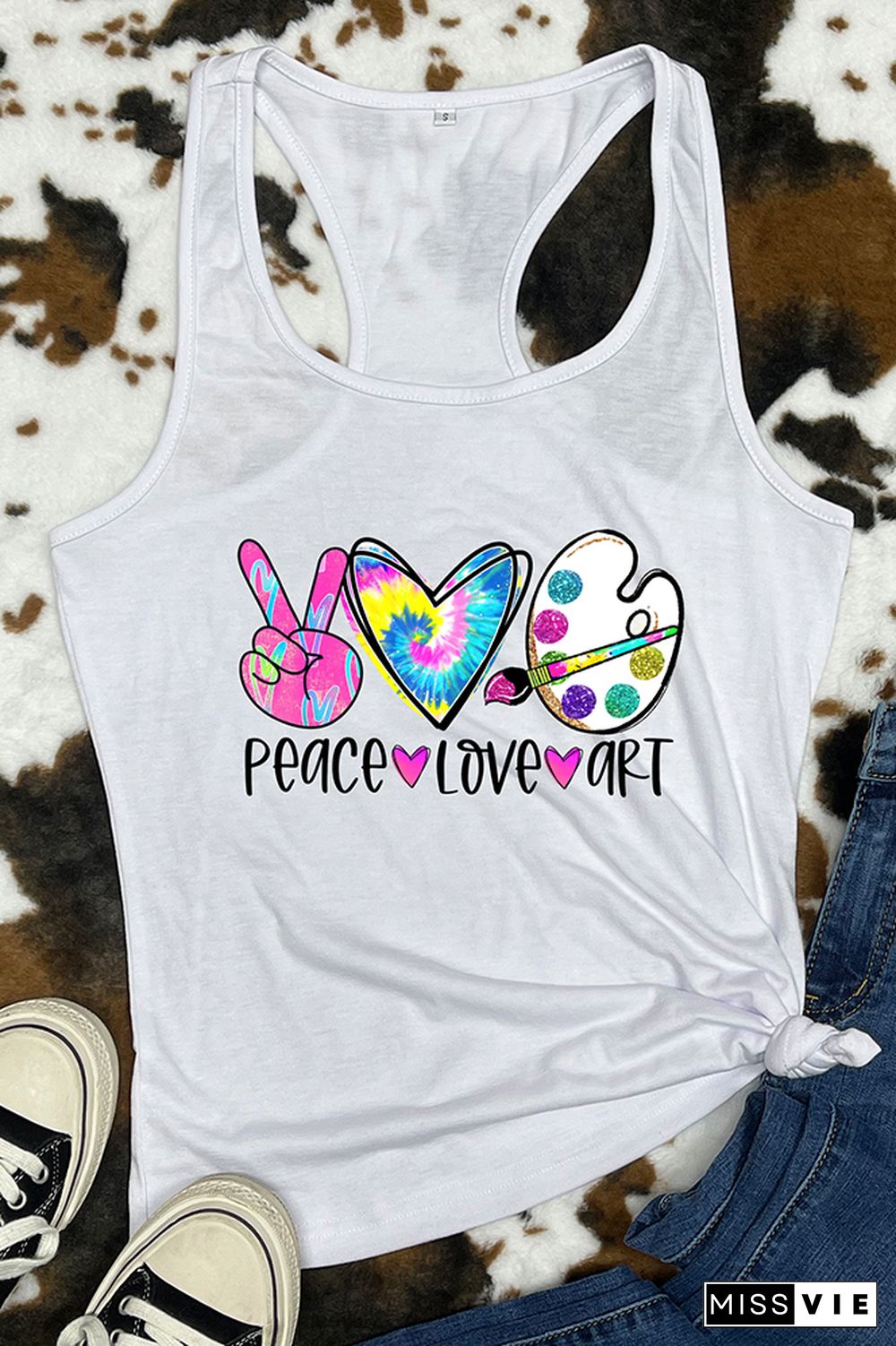 Peace Love Art Colorful Tie Dye Printed Sleeveless Tank Top Wholesale