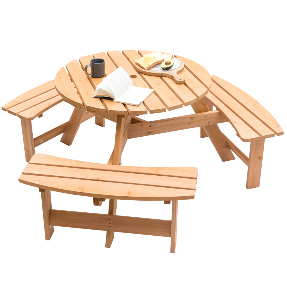 Wooden Outdoor Round Picnic Table with Bench for Patio, 6- Person with Umbrella Hole