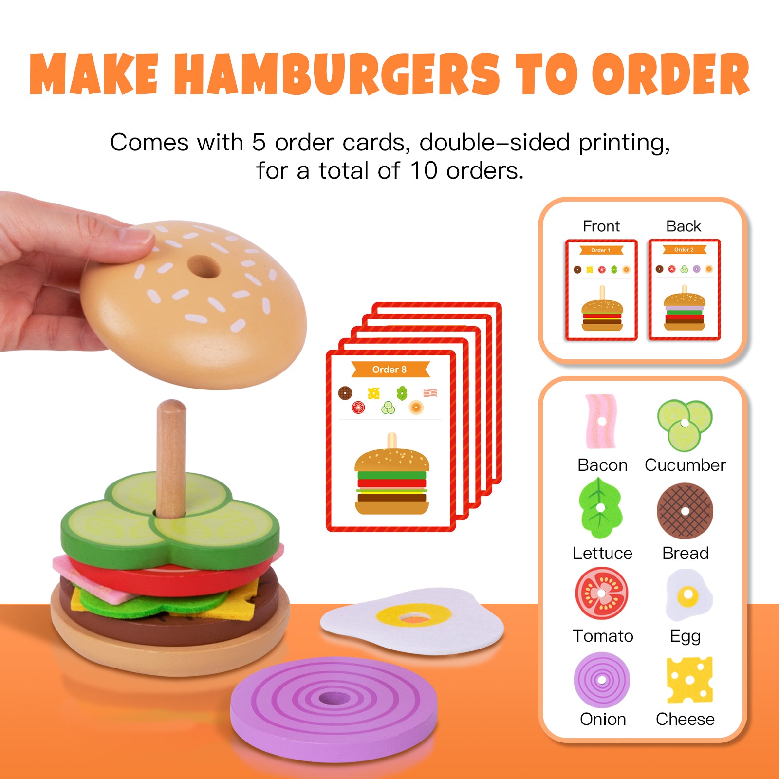 TOOKYLAND Montessori Hamburger Stacking Toys, Wooden Burger Toy Play Food Toys for Kids, Fine Motor Toys for 3 4 5 Year Old, Fake Food Hamburger Toys with Order Cards