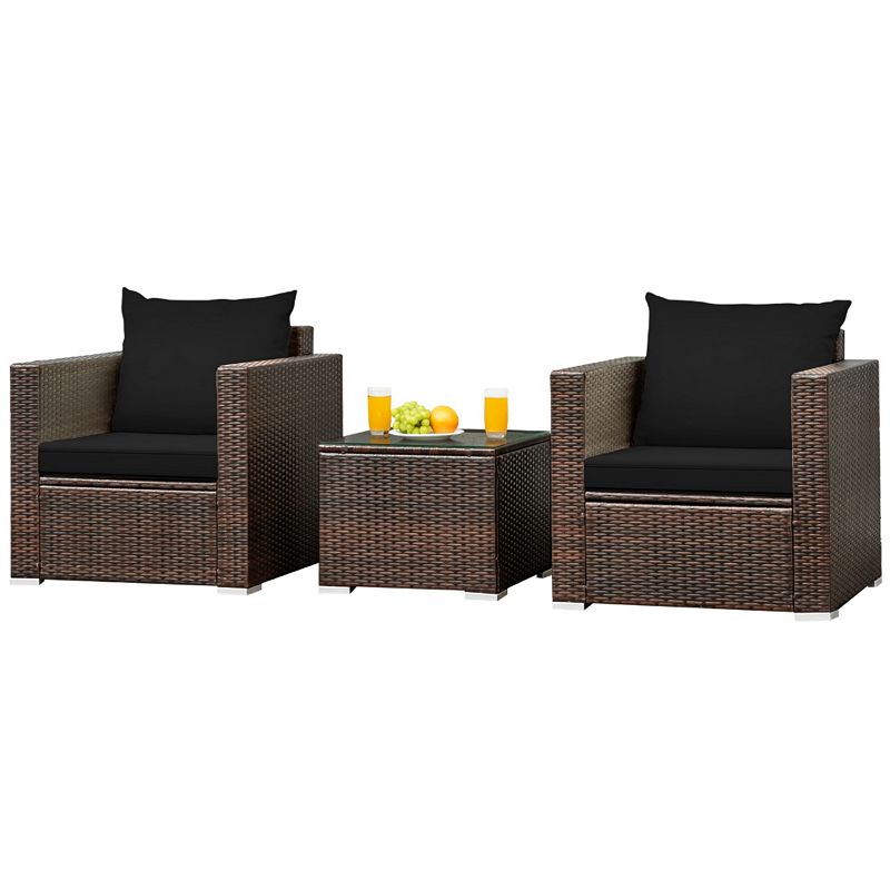 3 Pcs Patio Conversation Rattan Furniture Set with Cushion