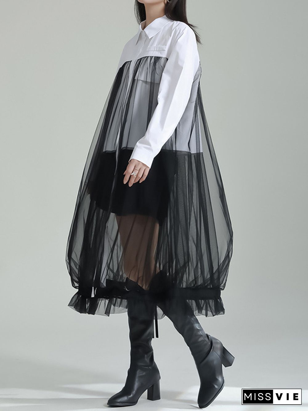 Long Sleeves Gauze See-Through Split-Joint Lapel Midi Dresses Shirt Dress