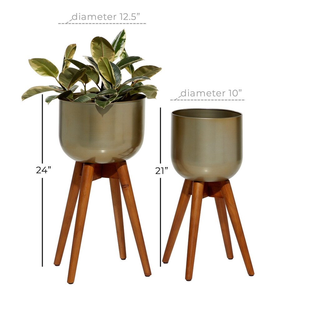 Gold Brushed Metal with Wood Legs Boho Contemporary Modern Planter (Set of 2)   13 x 13 x 24Round