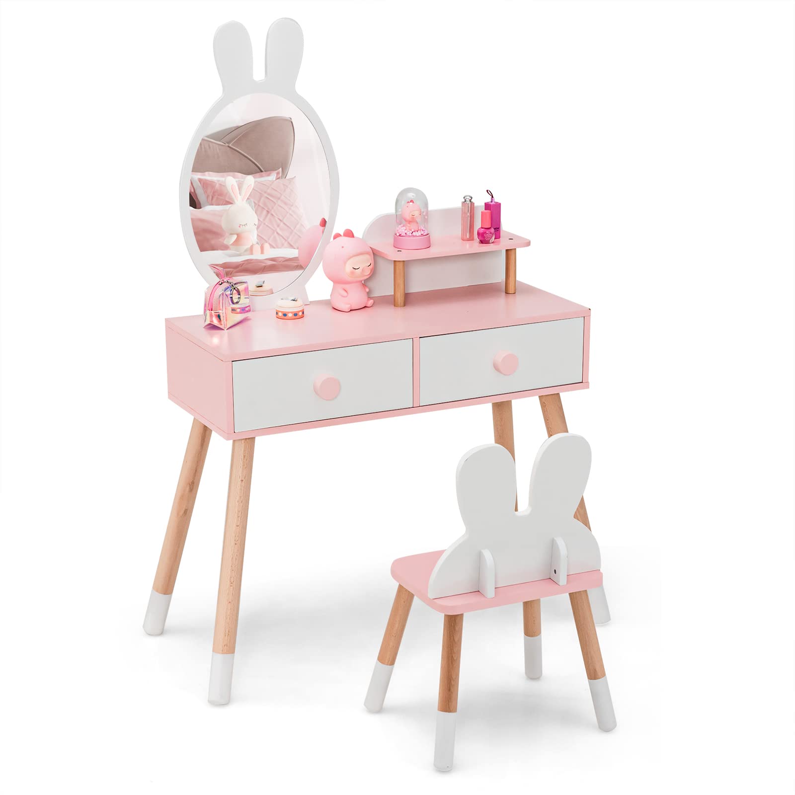 Costzon Kids Vanity Set, Girls Vanity Set with Mirror and Stool, Pretend Play Vanity Table and Chair Set for Toddlers