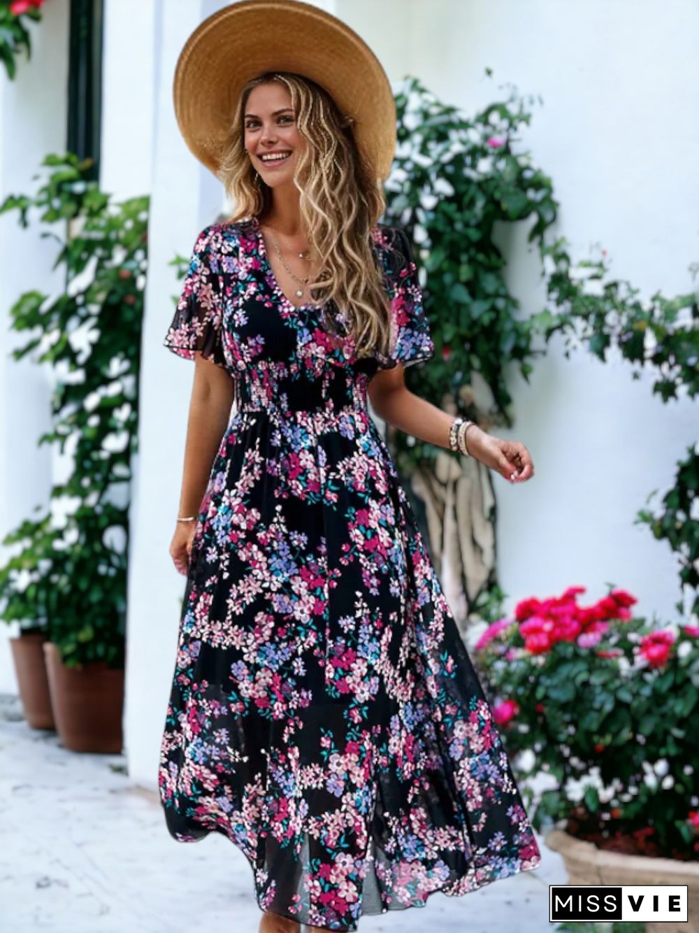 Floral Printed Short Sleeve Maxi Smocked Dress