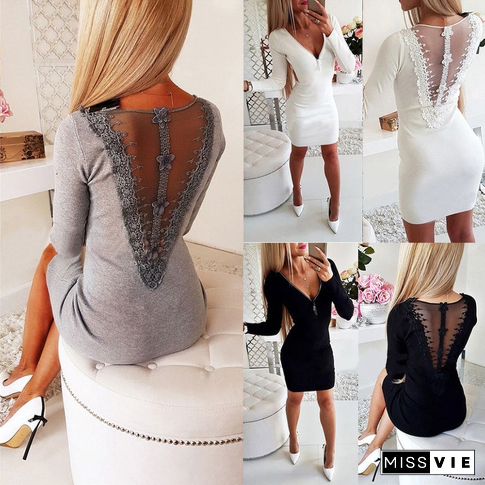 Europe Solid Lace Patchwork Backless Long Sleeves Dress Autumn Pullover Bottoming Bodycon Dresses