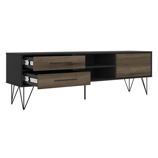 60 Inch Wood and Metal 1 Door TV Entertainment Stand with 2 Drawers， Brown and Black