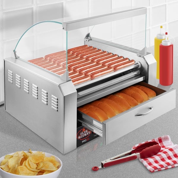 Electric Hot Dog Roller Grill Cooker Machines with Bun Warmer and Cover - Silver