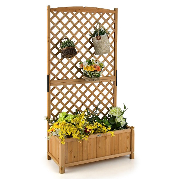 Tall Raised Garden Bed Wooden Planter W/ Trellis For Flower Climbing Plant