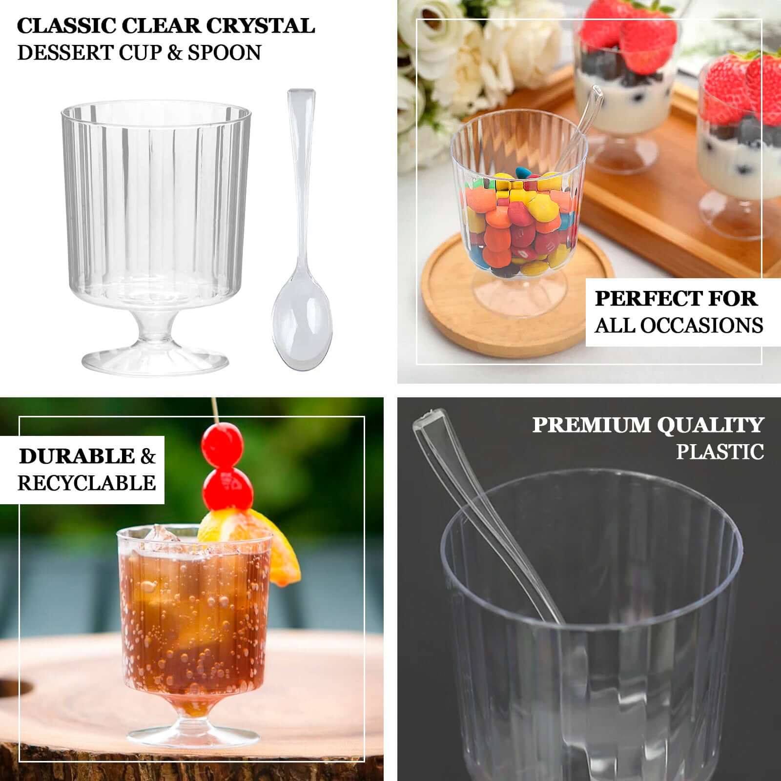 24 Pack Clear Mini Ribbed Pedestal Plastic Dessert Cups With Spoons, Disposable Snack Cup Spoon Sets 5oz