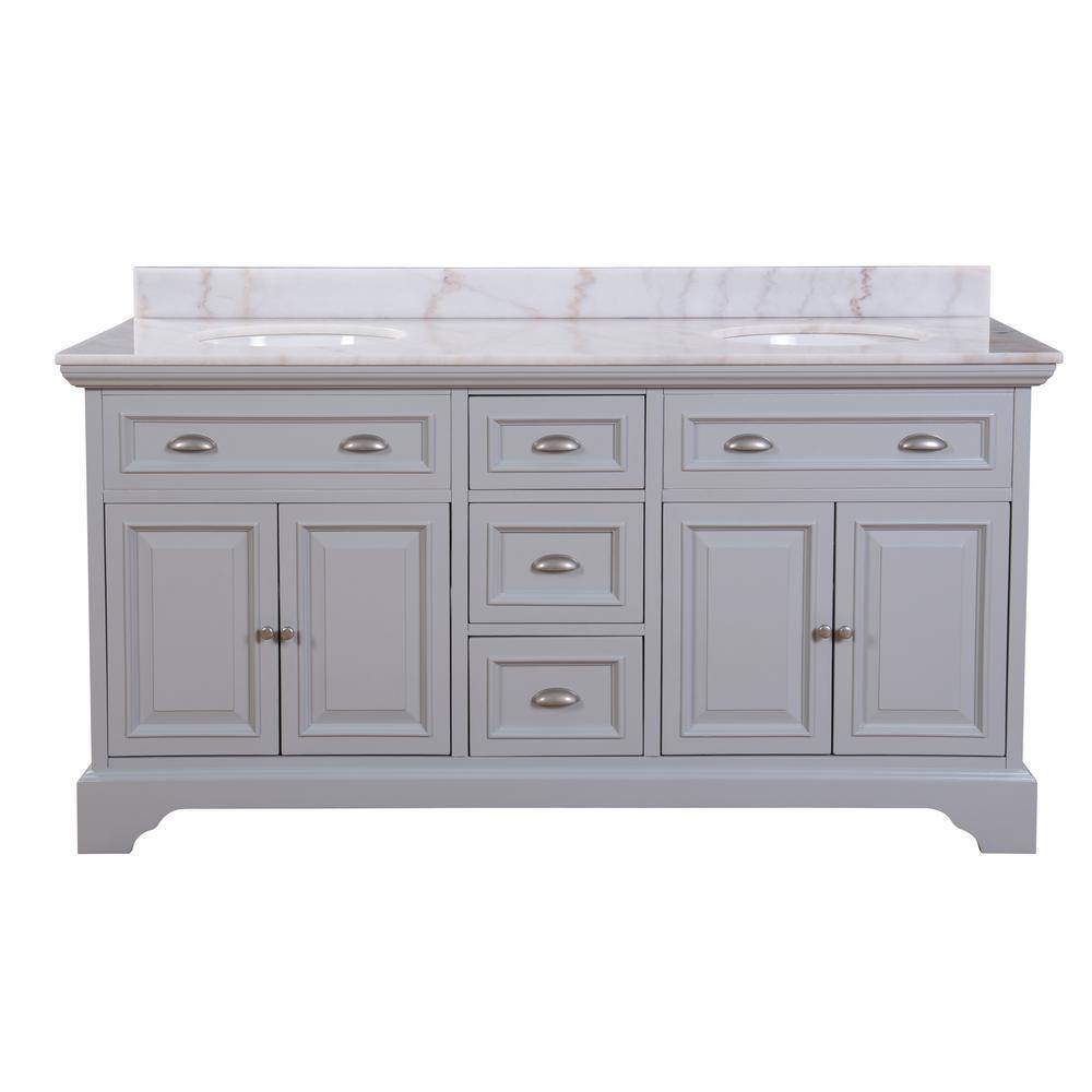 Home Decorators Collection Sadie 67 in. W x 21.6 in. D x 35.1 in. H Freestanding Bath Vanity in Dove Grey w White w Natural Veining Marble Top MD-V1834