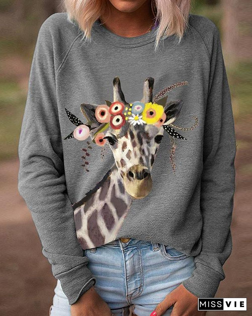 Women Giraffe Floral Print Long Sleeves Casual T-Shirts