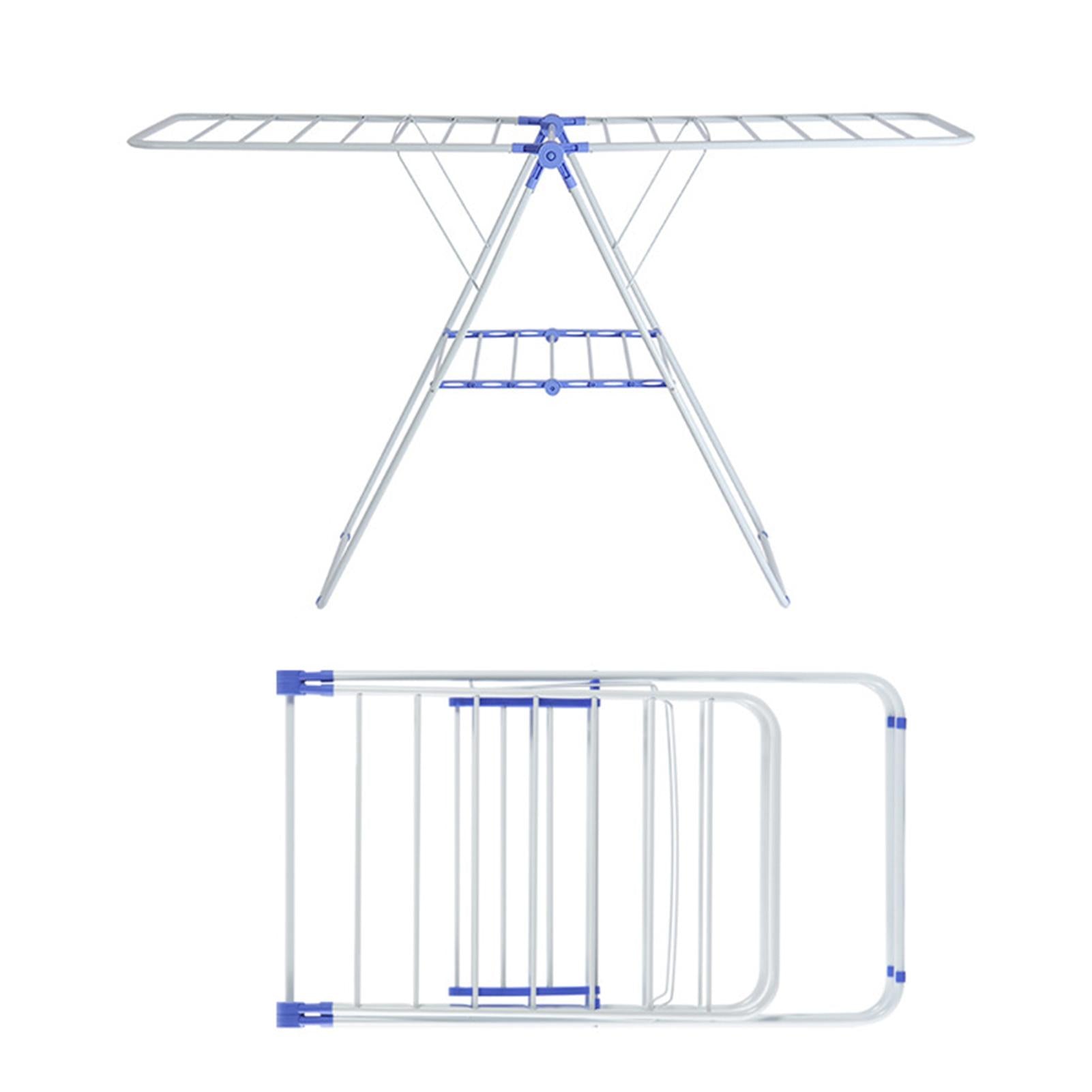 Delaman Foldable Clothes Drying Rack Metal Space-Saving Laundry Clothes Dryer Hanger Heavy Duty 2-Level Stable Indoor Airer, White & Blue