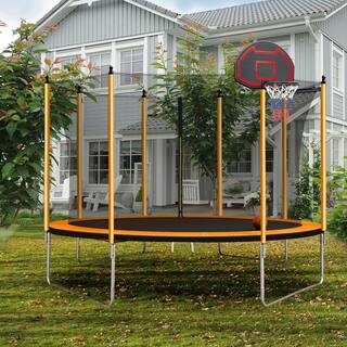 maocao hoom 10 ft. Round Backyard Trampoline with Safety Enclosure Basketball Hoop and Ladder in Orange DJ-C-W55033650
