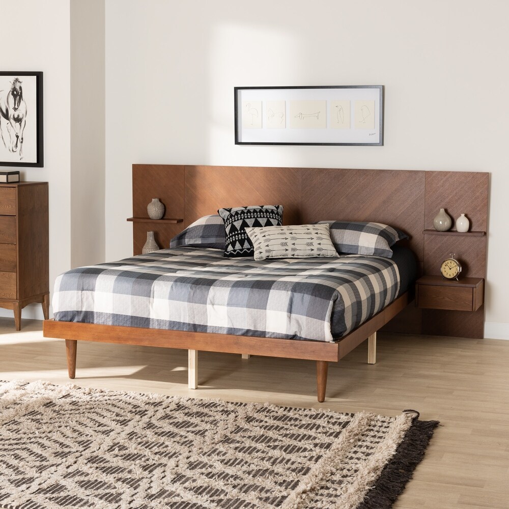 Graham Mid Century Modern Transitional Ash Walnut Finished Wood Queen Size Platform Storage Bed with Built In Nightstands