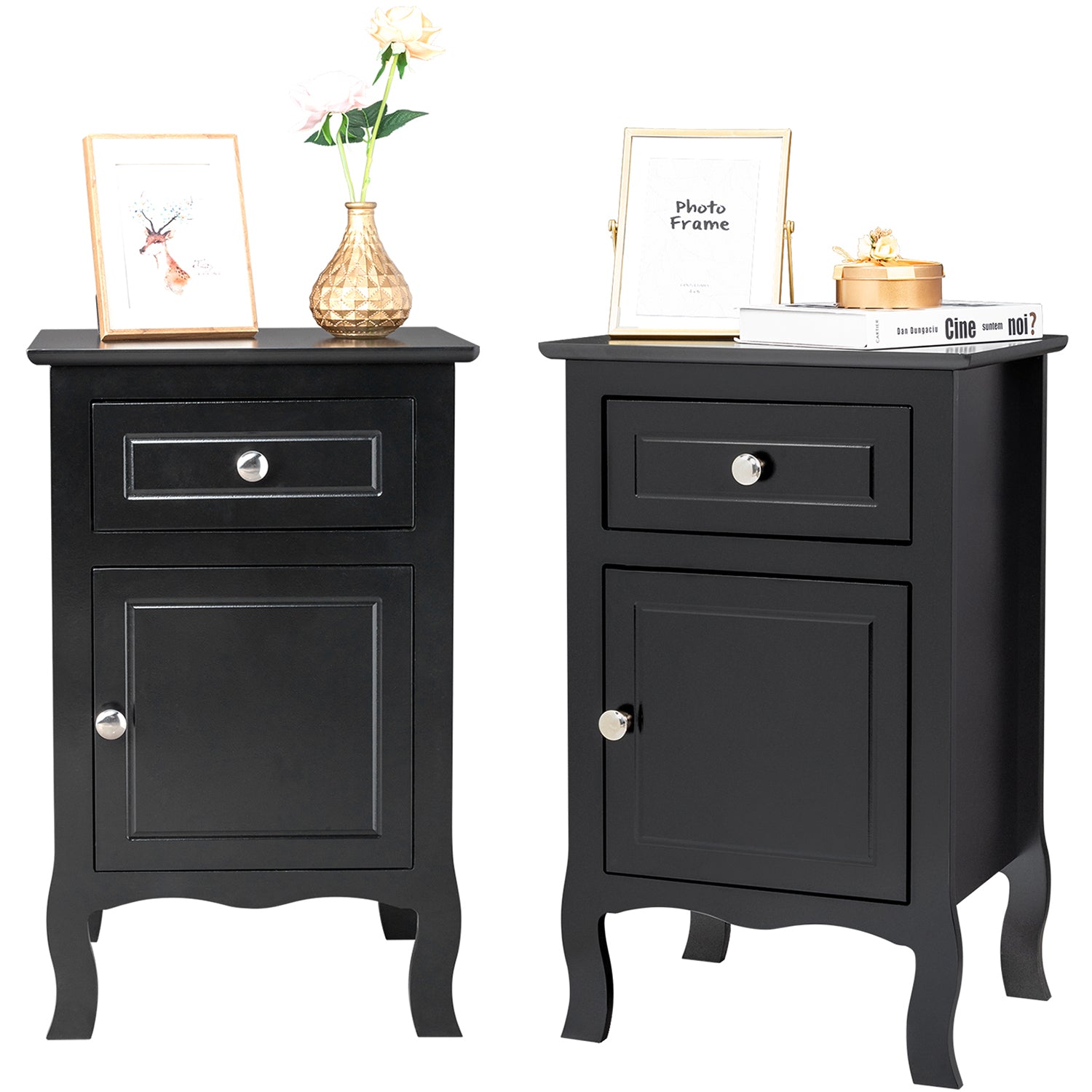 Set of 2 Nightstand Bedroom Bedside Table with Drawer and Cabinet Storage, Country Style Night End Table with Mental Handle, Suitable for Living Room Bedroom, Black