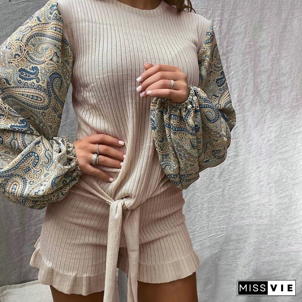 Cashmere Printed Women's Two-piece Suit Ladies Round Neck Slim Slimming Printed Lantern Sleeve Tie Shorts Two-piece Suit