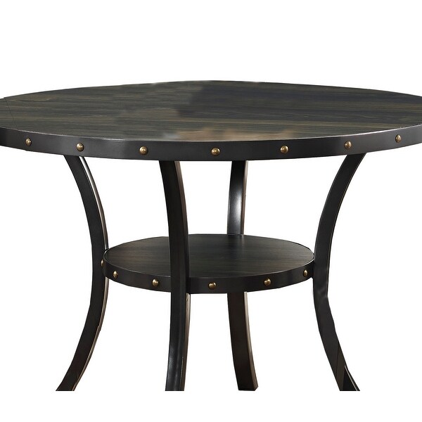 Wooden Round Dining Table with Open Shelf and Nailhead Trims， Black