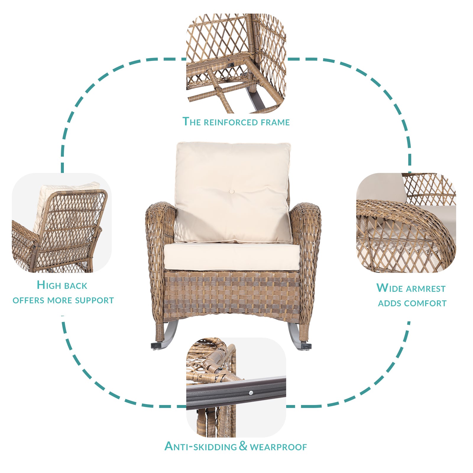 MEETWARM Outdoor Wicker Rocking Chair, Rattan Patio Rocker Chairs with Cushions and Steel Frame - Beige