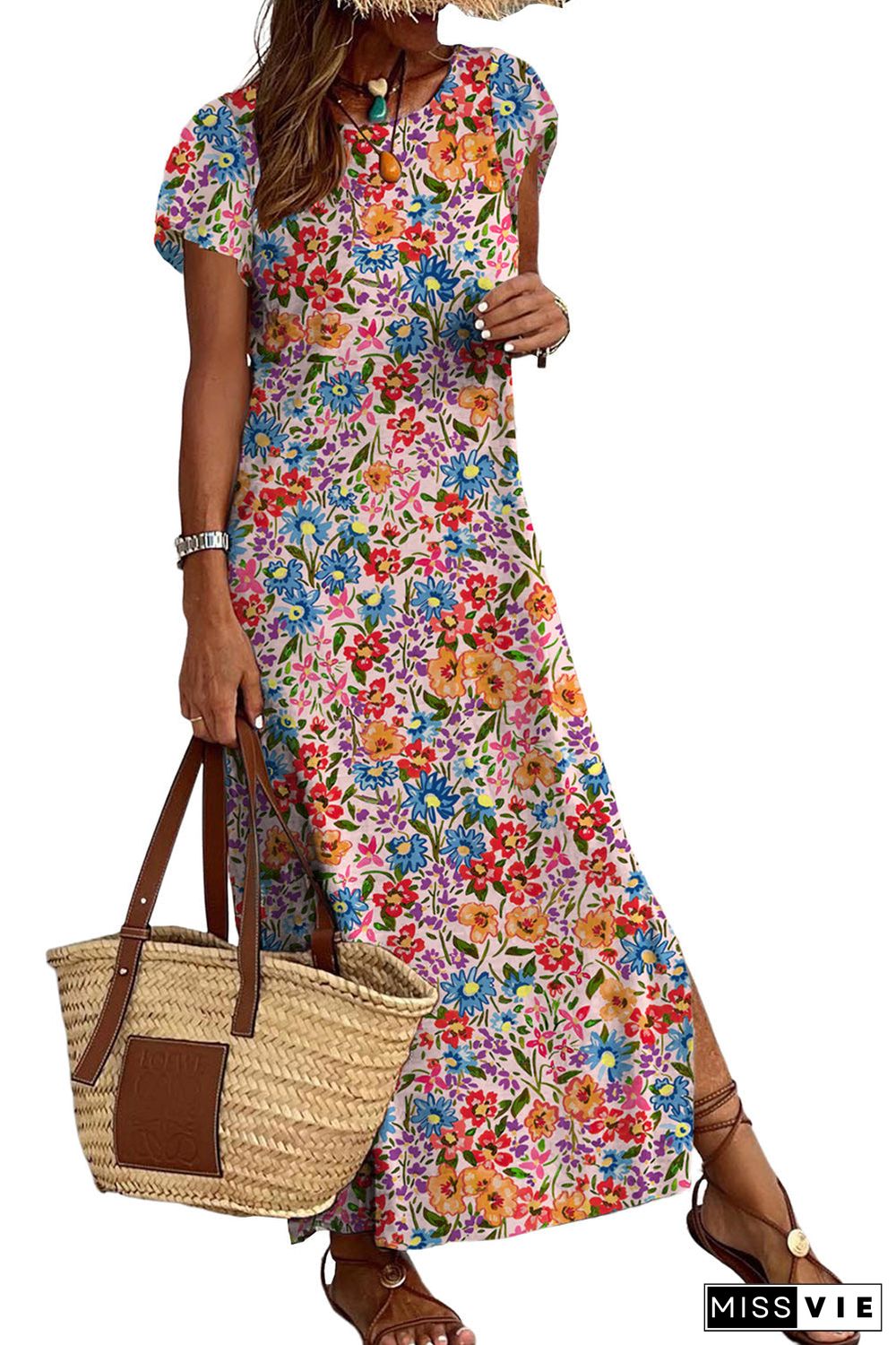 Long Floral Print Short Sleeve Holiday Dress