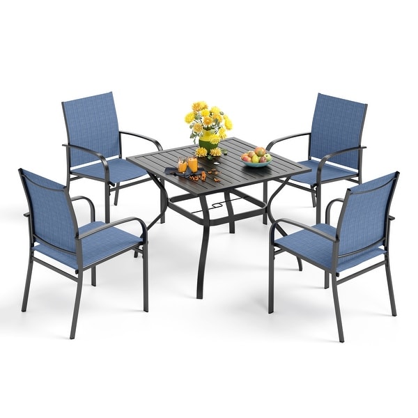 MAISON ARTS 6Piece Patio Dining Set，37 Inch Square Metal Table and 4 Textilene Dining Chairs with 9ft Patio Umbrella