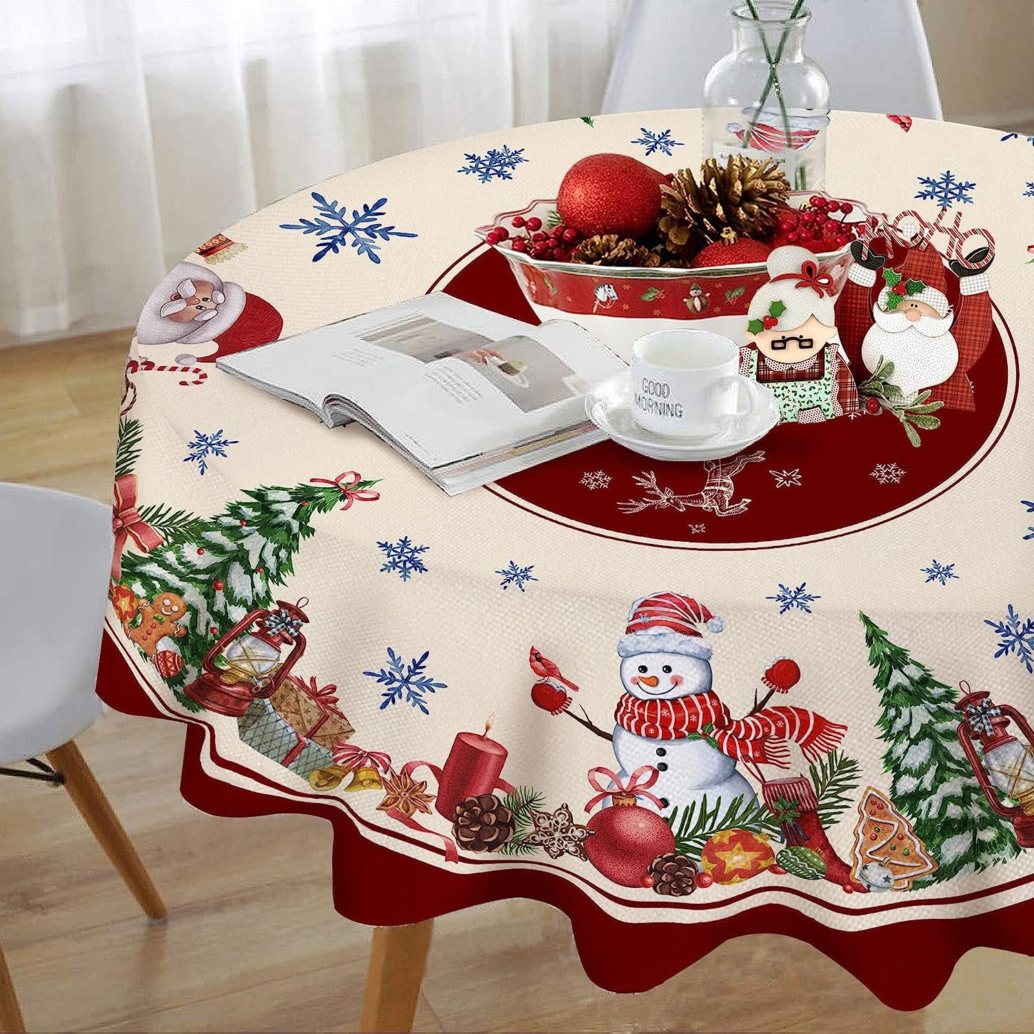 Round Christmas Tablecloth 70 Inch， Snowman Tablecloth， Winter Holiday Kitchen Christmas