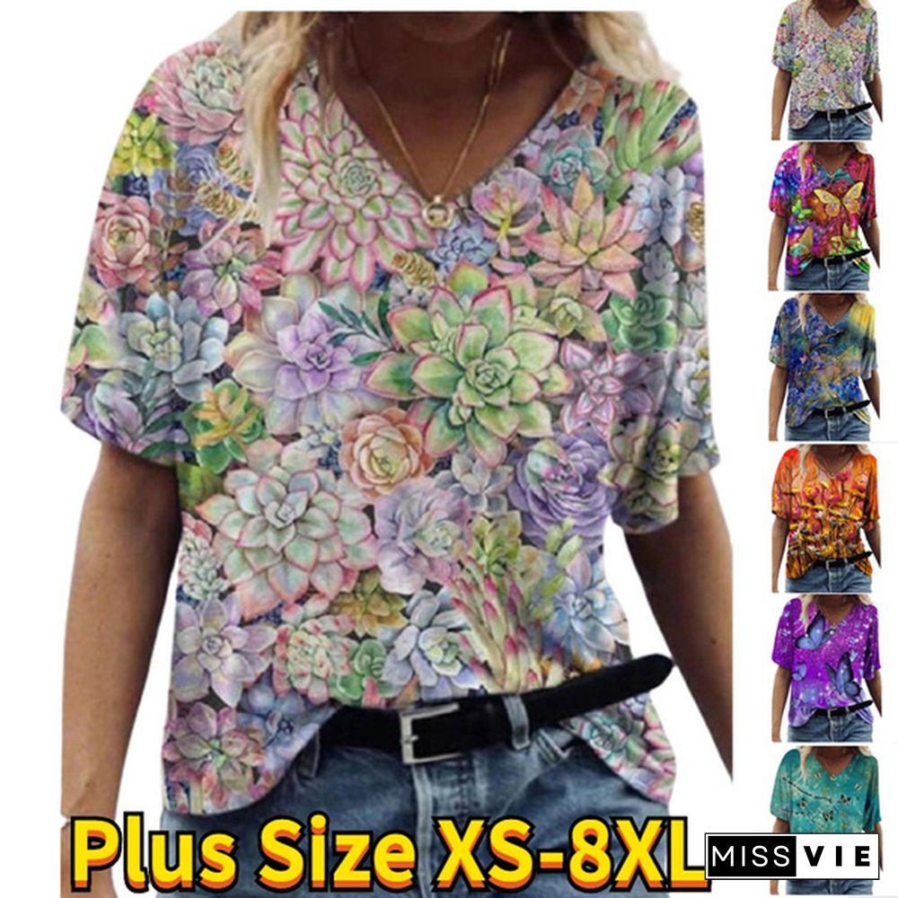 Women 3D Flower Print T Shirt Abstract Top Summer New Fashion Street Casual V-Neck Loose Tee Oversized Ladies Cotton Tops Plus Size XS-8XL