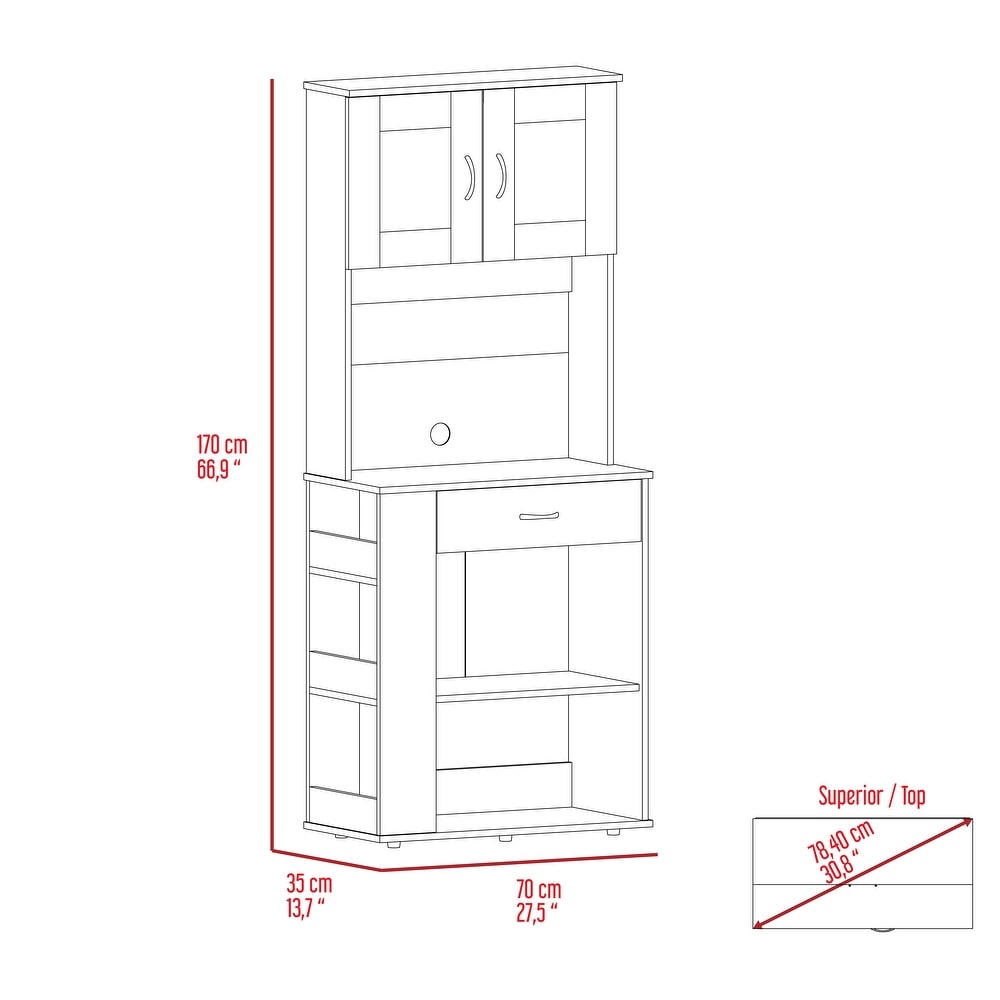 FM Furniture Poole Pantry Cabinet  Three Side Small Shelves  One Drawer  Double Door Cabinet  Four Adjustable Metal Leg