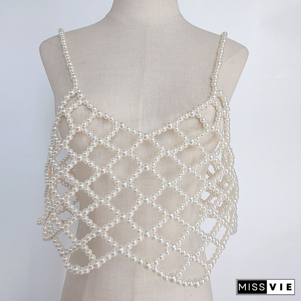 Women Handmade Woven Body Chain Camisole Imitation Pearl Crystal Beaded Vest Hollow Out Mesh Tank Top Body Jewelry Festival