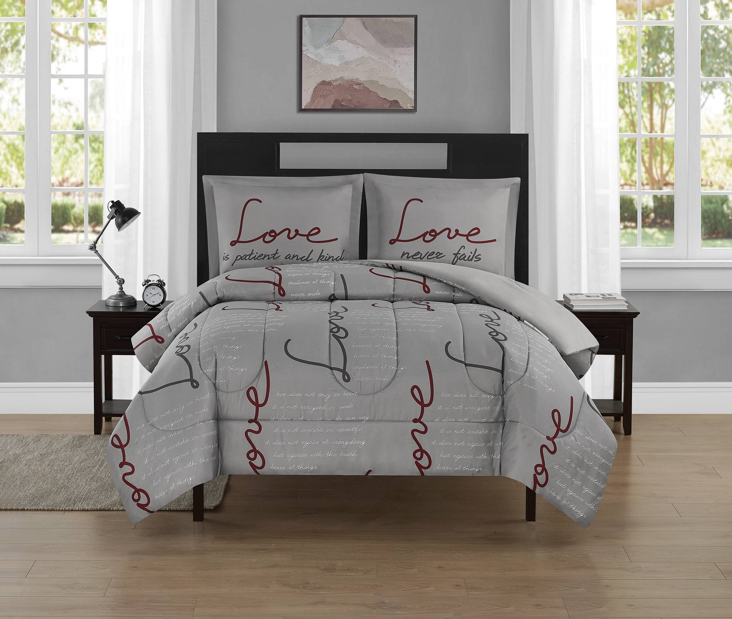 Beco Love Never Fails Grey and Red 3 Piece Comforter Set Full/Queen