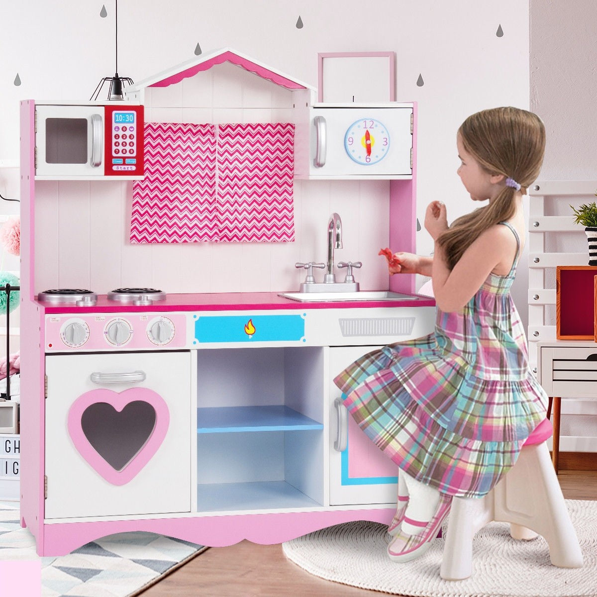 Costzon Play Kitchen Set, Wooden Toy Kitchen for Chef's Pretend Cooking Play (39.5'' Height, Pink)